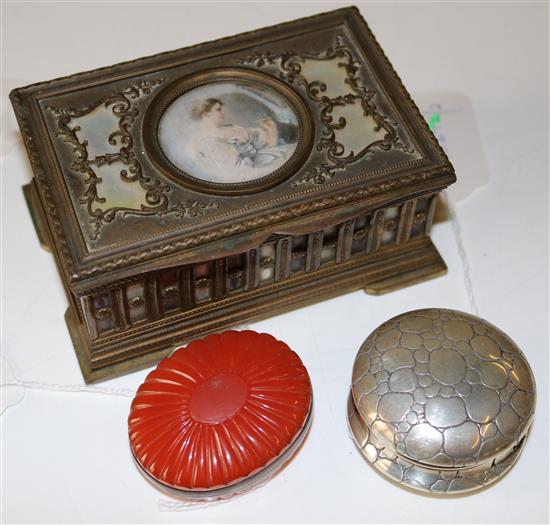 German 800 standard silver box, an agate box and a French gilt brass and mother of pearl casket inset portrait